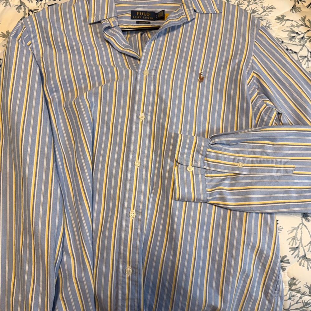 Ralph Lauren Men's Blue and Yellow Striped Shirt